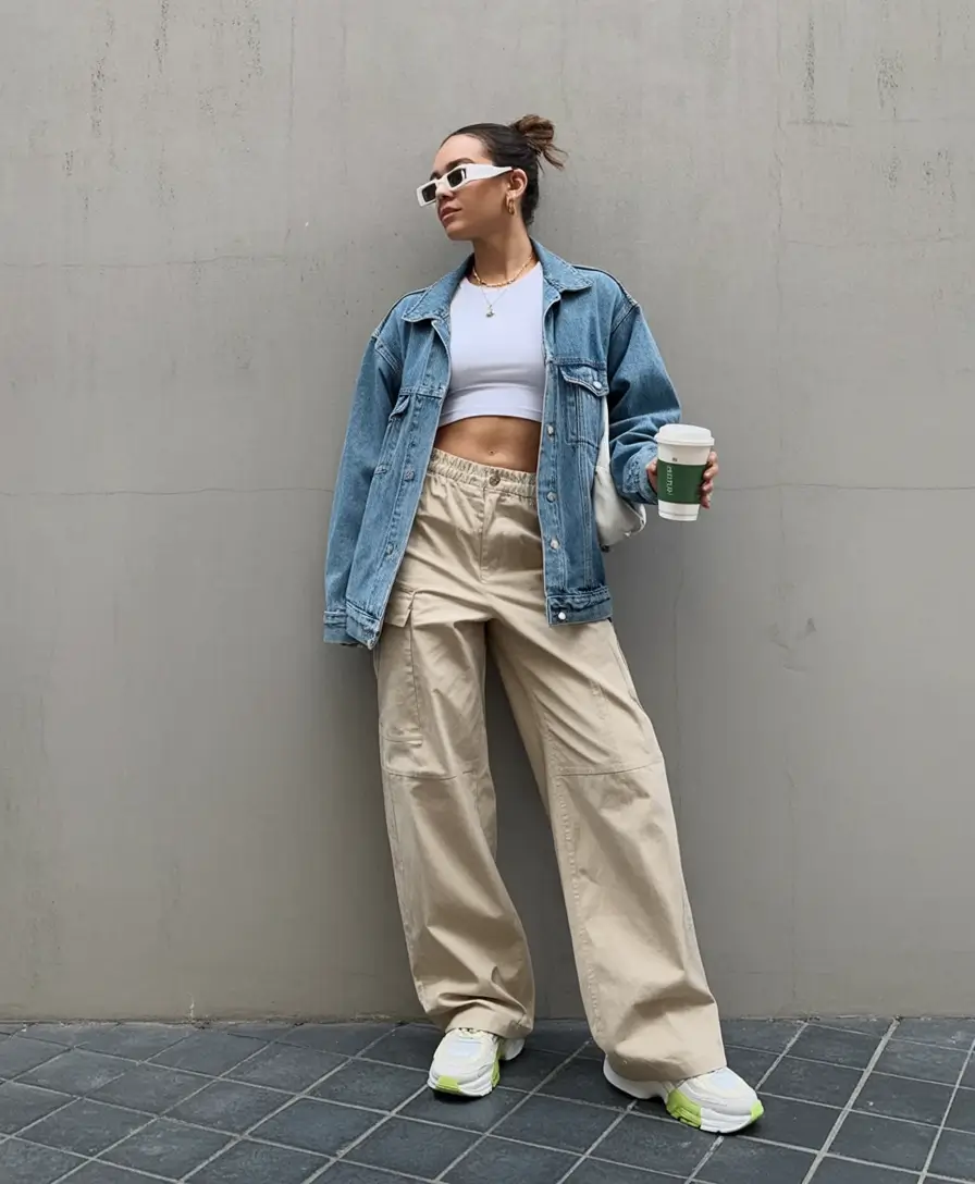 effortless spring jean jacket outfits 2026 - Sporty Layers, Coffee in Hand
