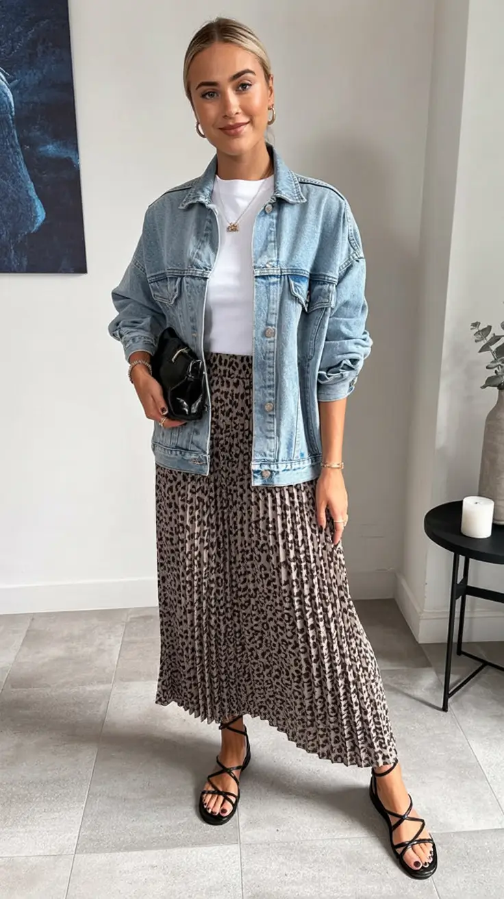 effortless spring jean jacket outfits 2026 - Pleated Prints & Denim Layers