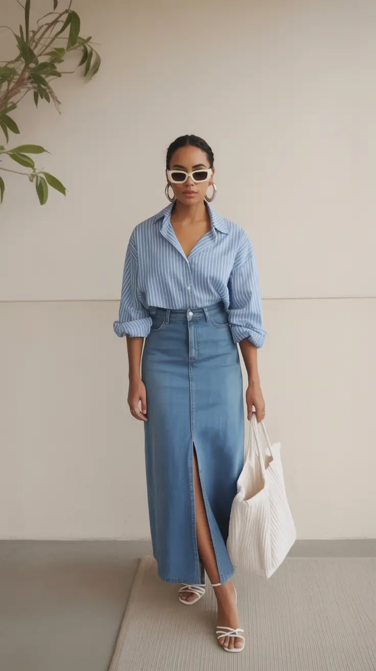 effortless spring outfits aesthetic 2026 Denim Midi Drama with a Twist of Prep