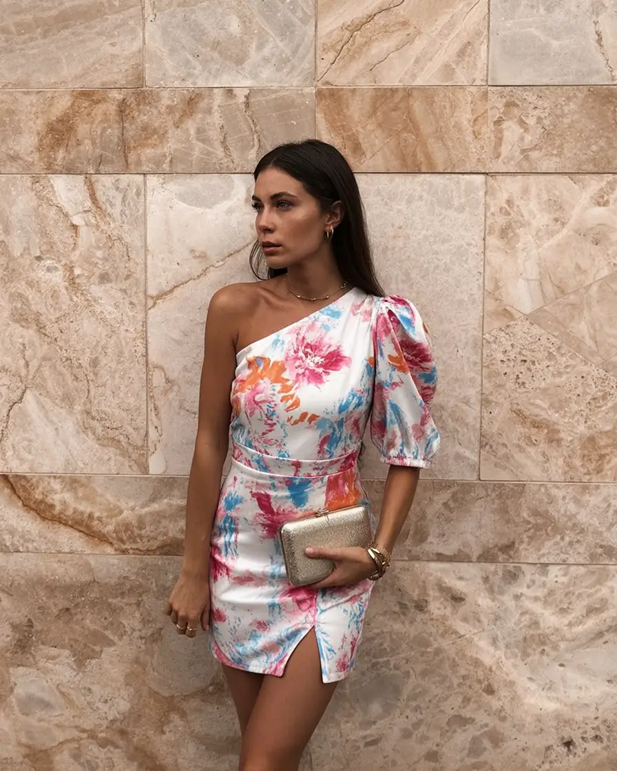 effortless spring outfits aesthetic 2026 One-Shoulder Wonder Meets Watercolor Joy