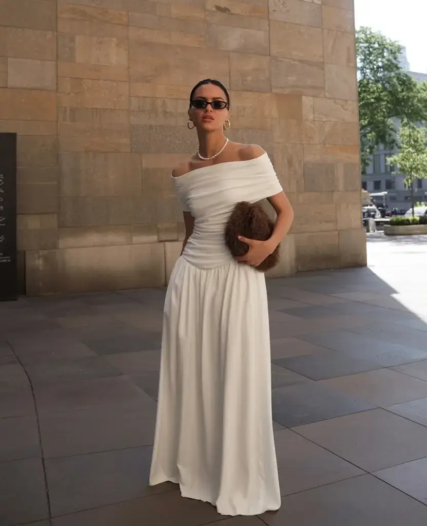 elegant europe spring outfits 2026 Grace Draped in Off-the-Shoulder Layers