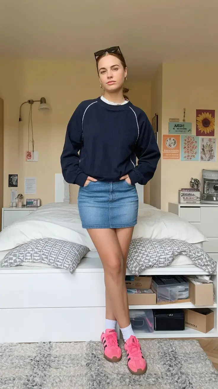 every day spring outfits for 2026+Denim Mini Meets Preppy Comfort