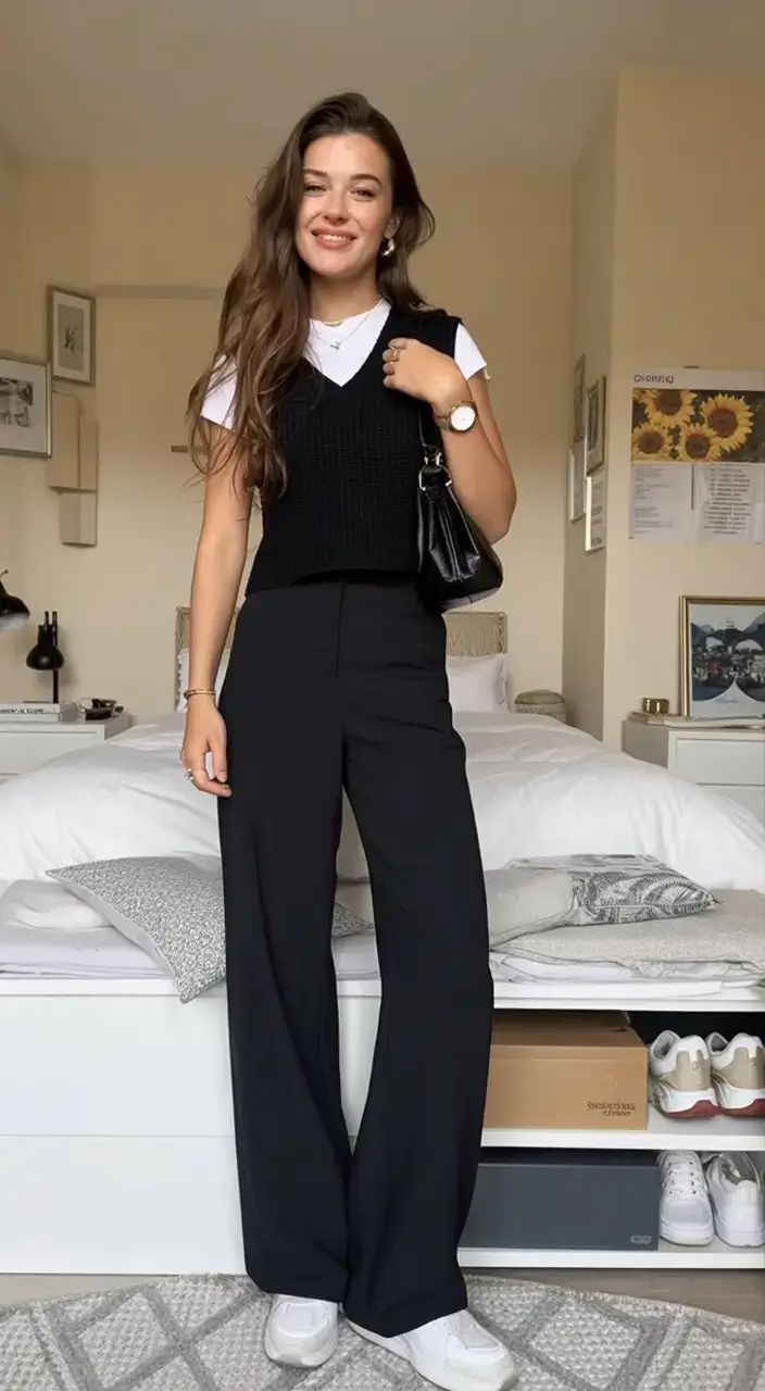 flattering spring outfits for women over 40 2026 Polished Contrast for Work or Weekend