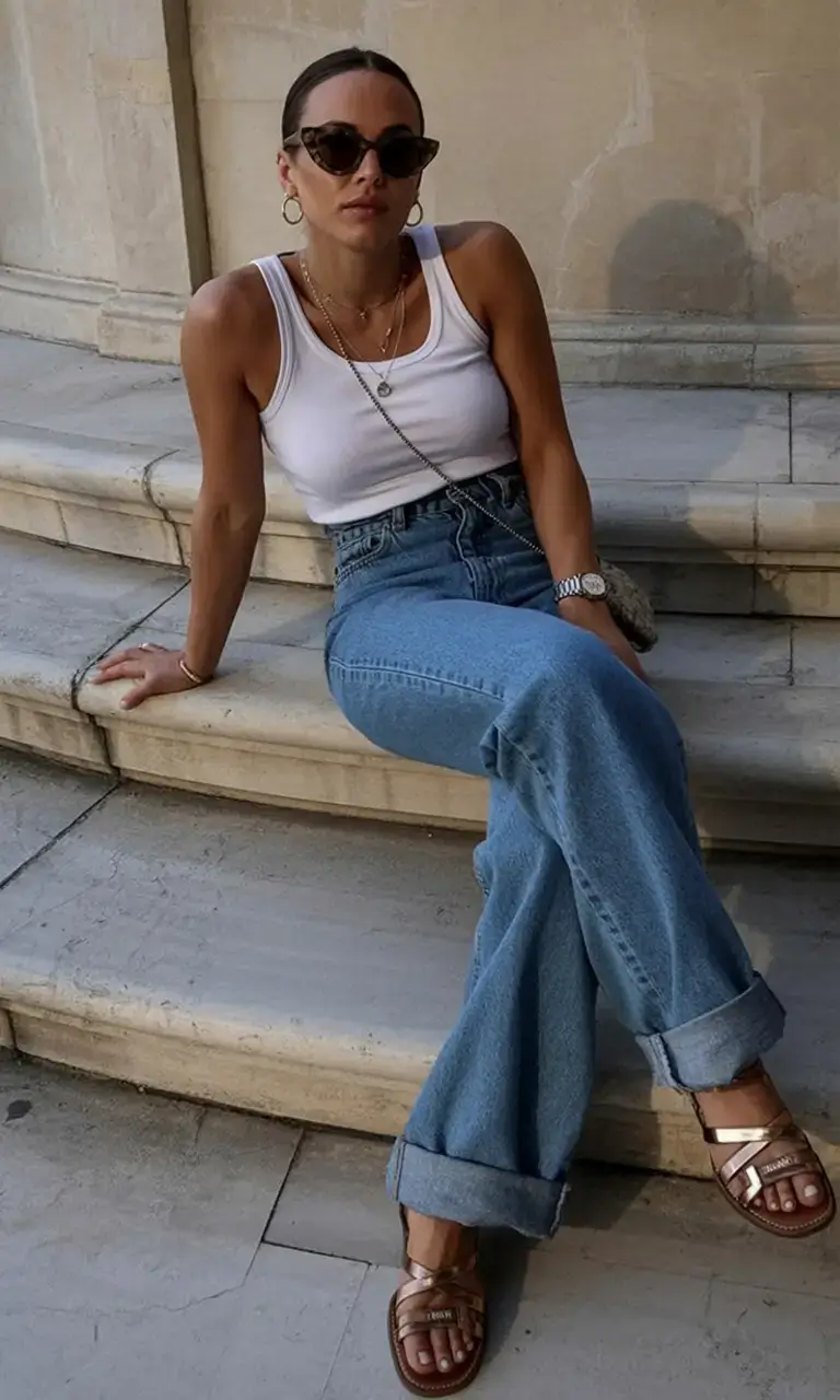 flattering spring outfits for women over 40 2026 Sunlit Cool in Denim and Metallics