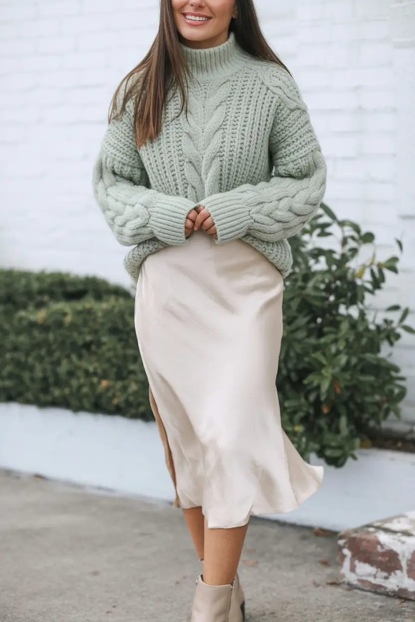 formal spring outfits 2026+Chunky Comfort Meets Satin Grace