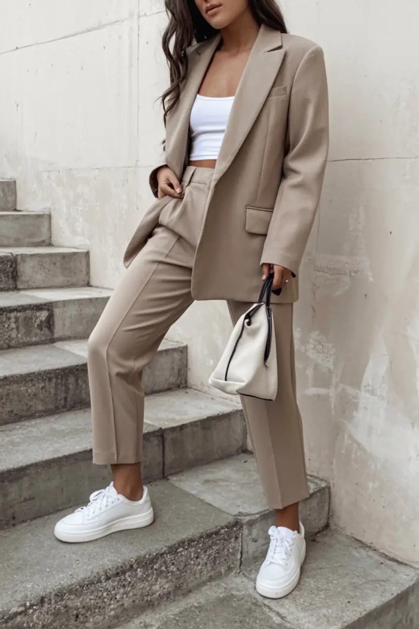 formal spring outfits 2026+Tailored Neutrals with Streetwear Ease