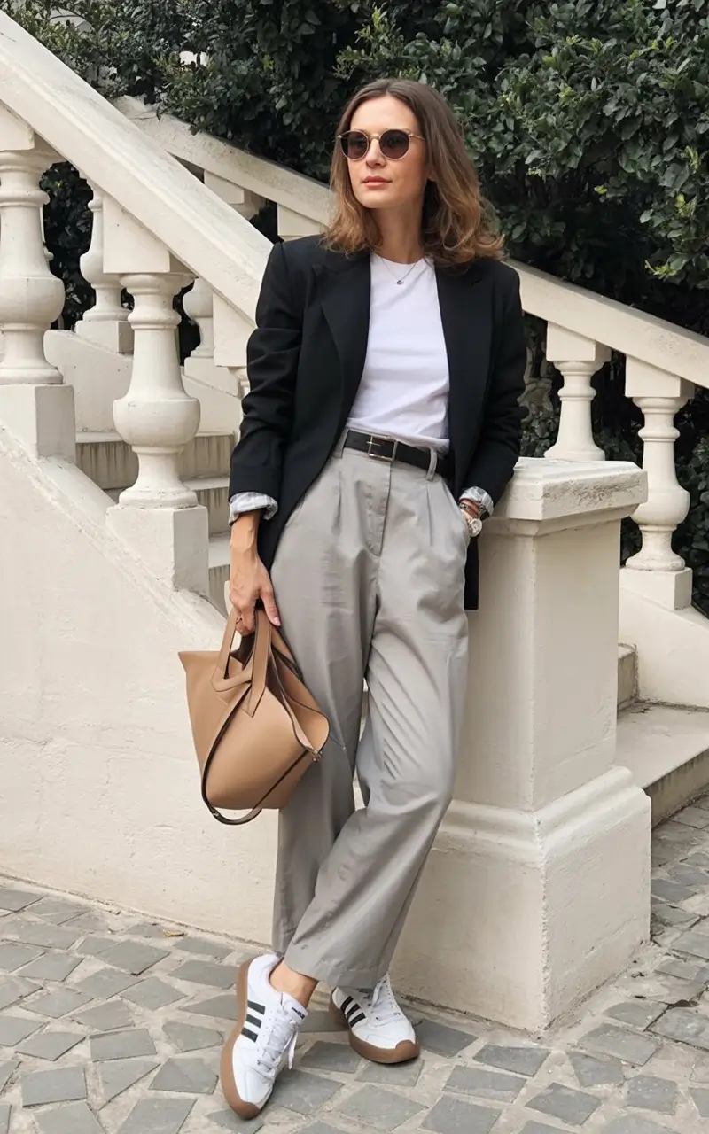 fresh spring office outfits 2026 Minimalist Power, Softened with Sneakers