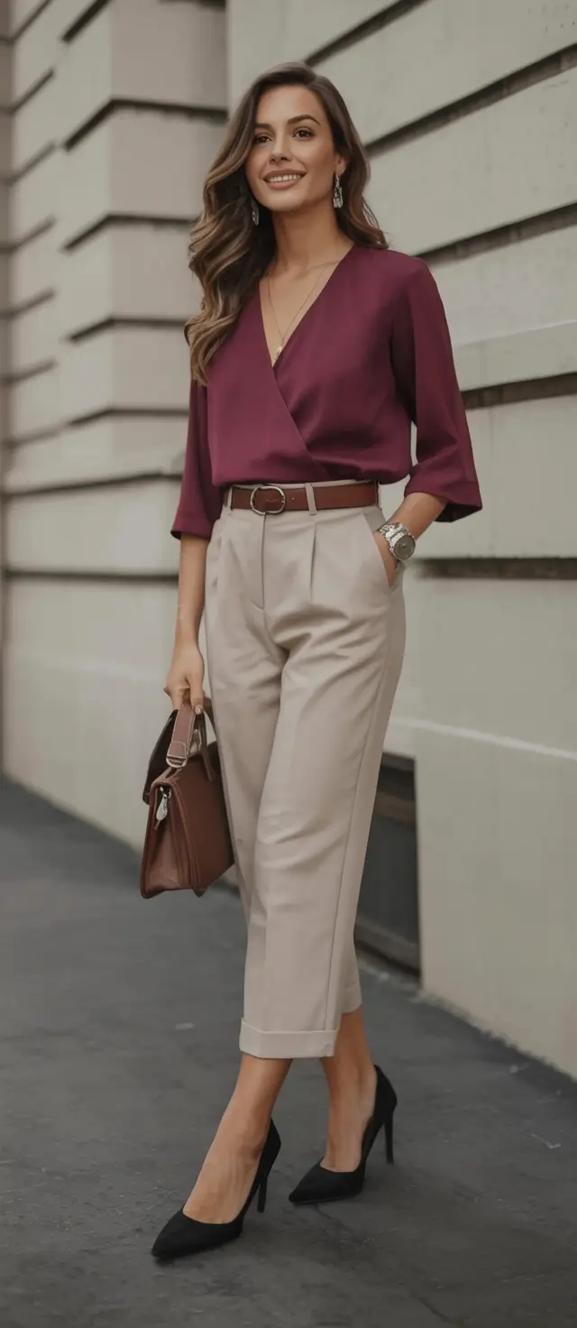 fresh spring office outfits 2026 Berry Tones & Elevated Basics