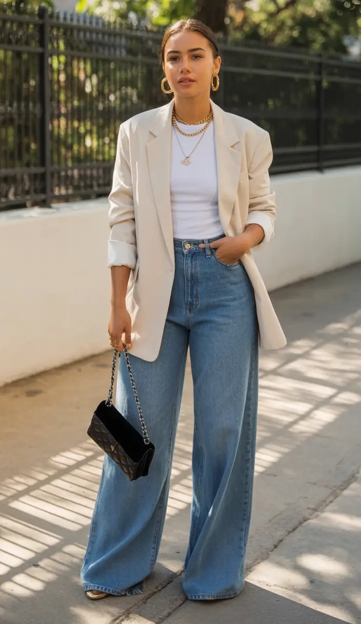 fresh spring office outfits 2026 Structured Blazer, Relaxed Denim