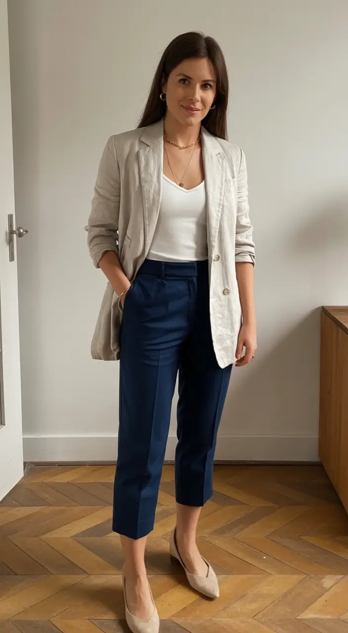 fresh spring office outfits 2026 Polished Neutrals with a Navy Punch