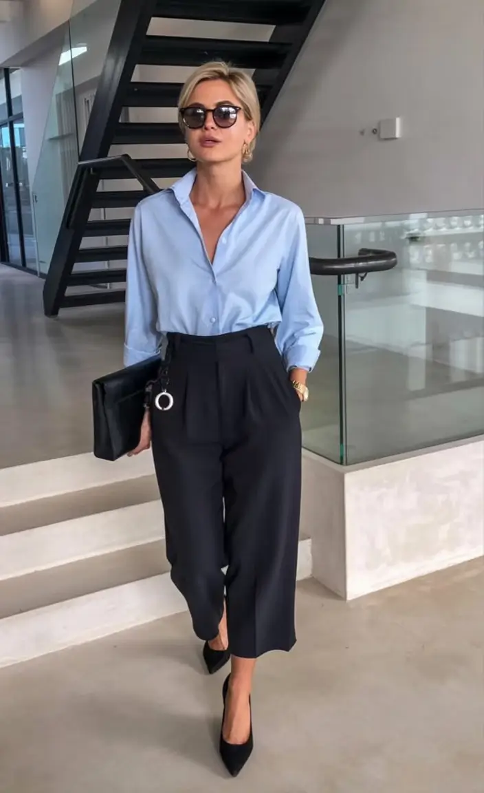 fresh spring office outfits 2026 Sky Blue & Noir: The Cool-Girl Executive