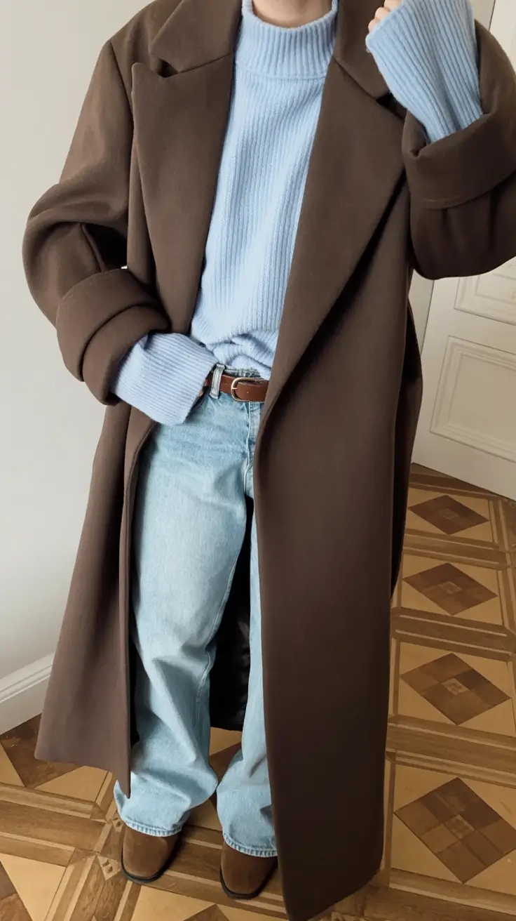 light early spring outfits 2026+Cozy Blue Against Cocoa Warmth