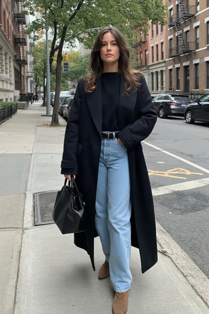 light early spring outfits 2026+Classic Black and Denim with a Soft Boot Twist