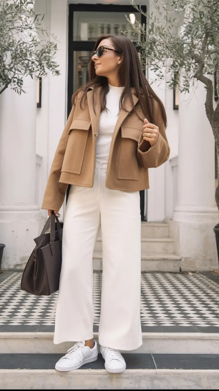 light early spring outfits 2026+Warm Camel and White for Brunch or Boardrooms