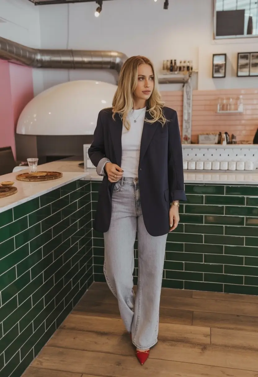 light spring work outfits 2026 Classic Contrast with a Red Lip Energy