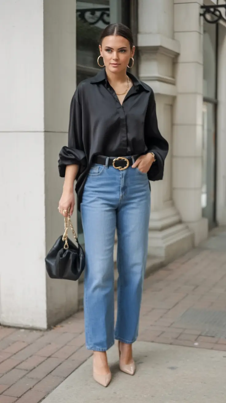 light spring work outfits 2026 Denim & Silk for the Soft Power Move