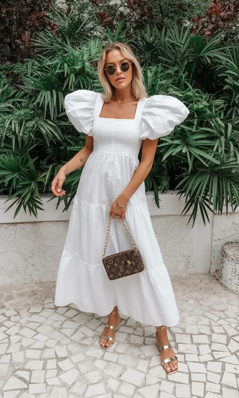 maxi spring dress outfits 2026 Statement Sleeves and Crisp White Confidence