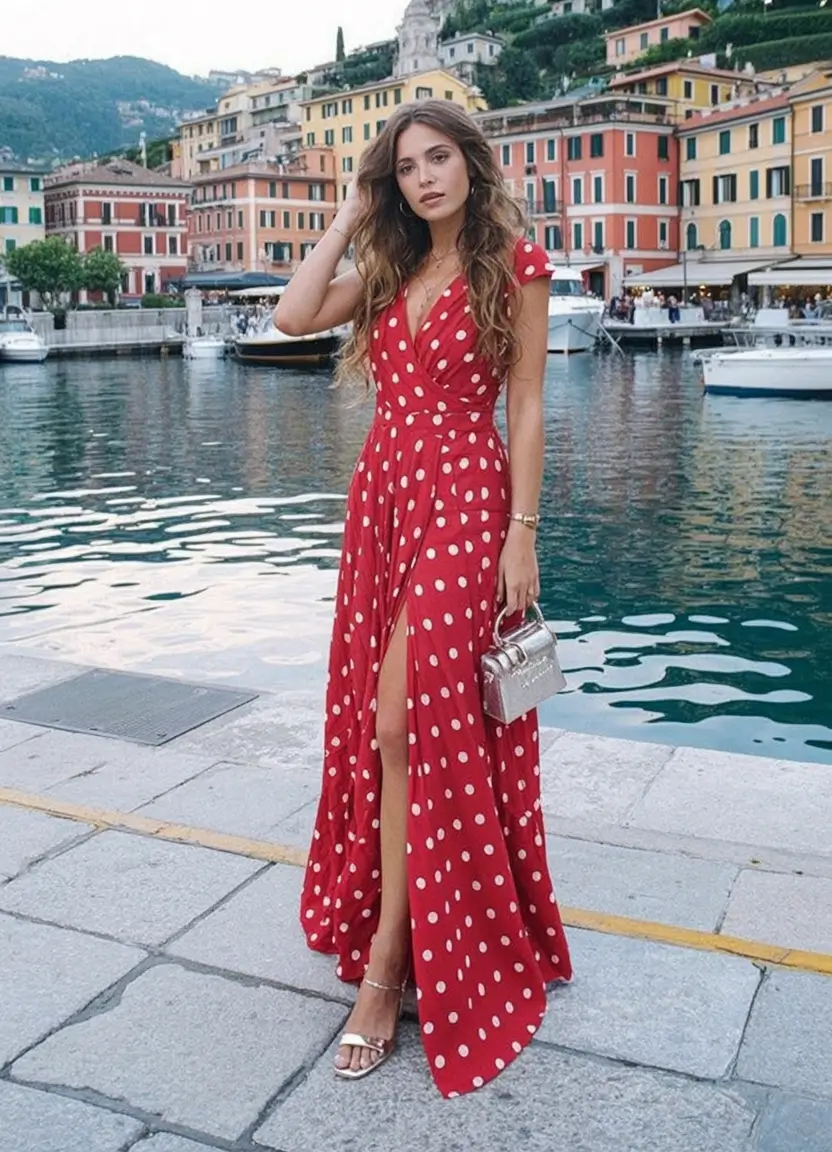 maxi spring dress outfits 2026 Retro Red Dots in Italian Romance