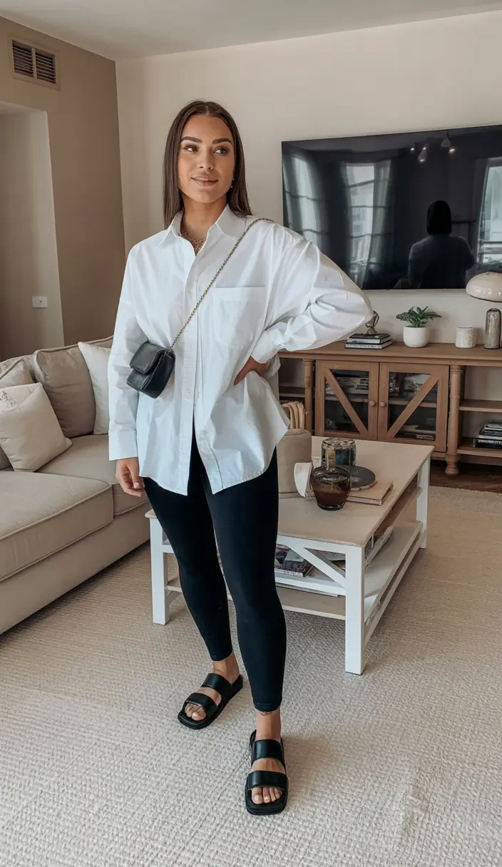 modern leggings outfit spring 2026+The Updated Oversized Shirt and Slides Formula