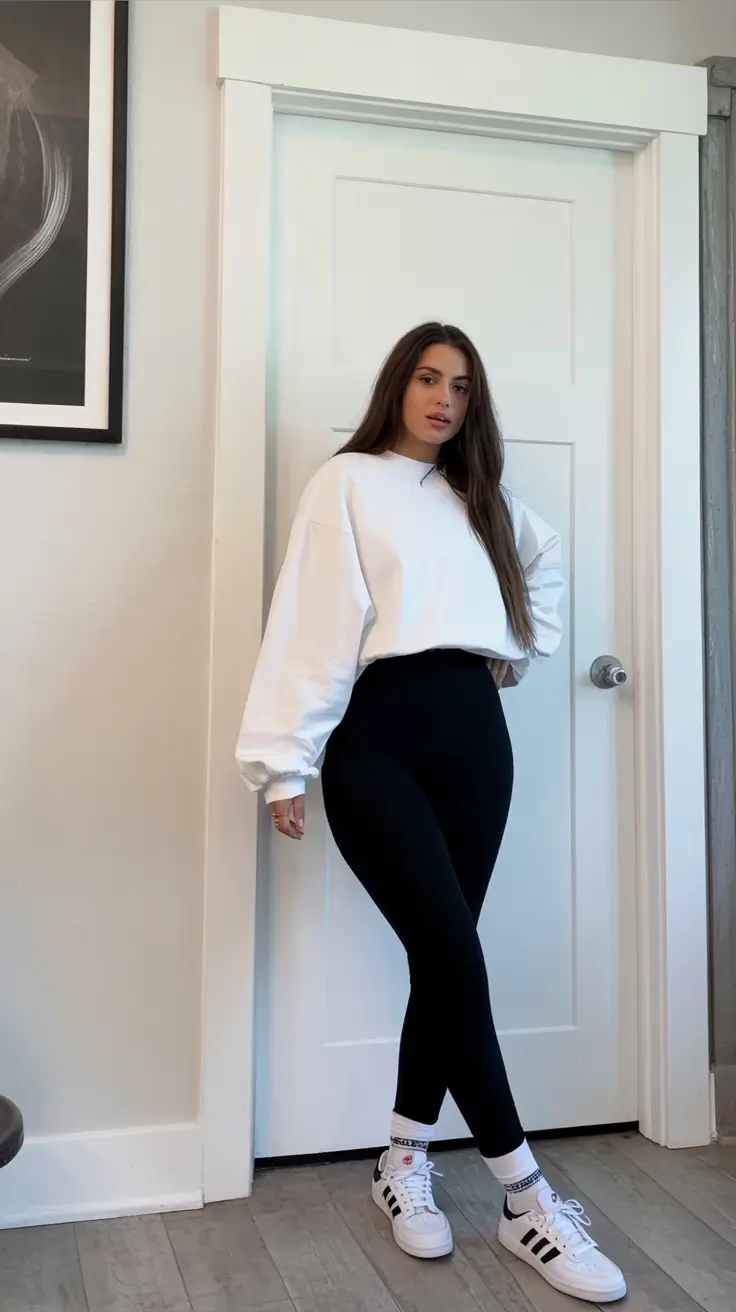 modern leggings outfit spring 2026+Minimal Contrast That Feels Bold