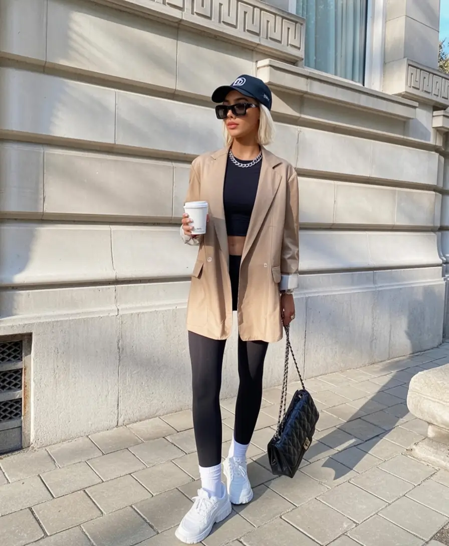 modern leggings outfit spring 2026+Power Blazer Meets Off-Duty Energy