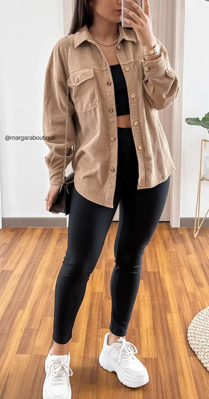 modern leggings outfit spring 2026+Corduroy + Cropped Top = Everyday Luxe