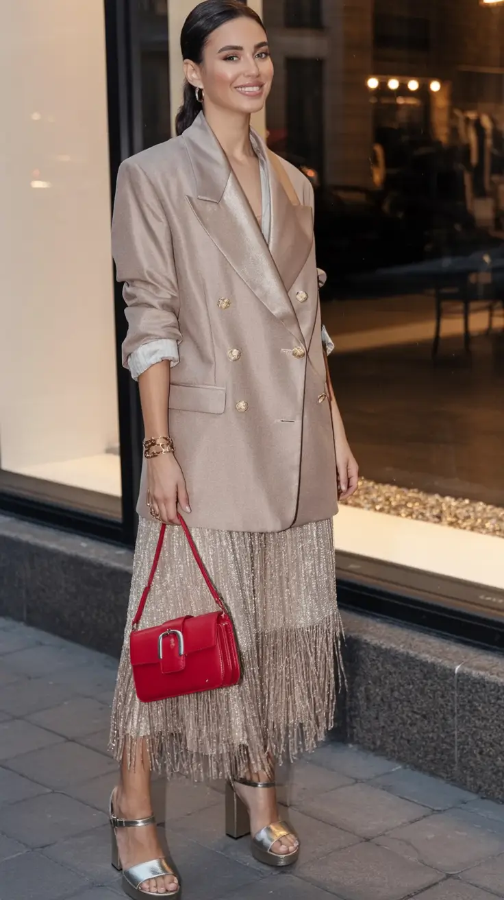 modern spring date night outfit 2026 Tailored Shine with a Bold Pop