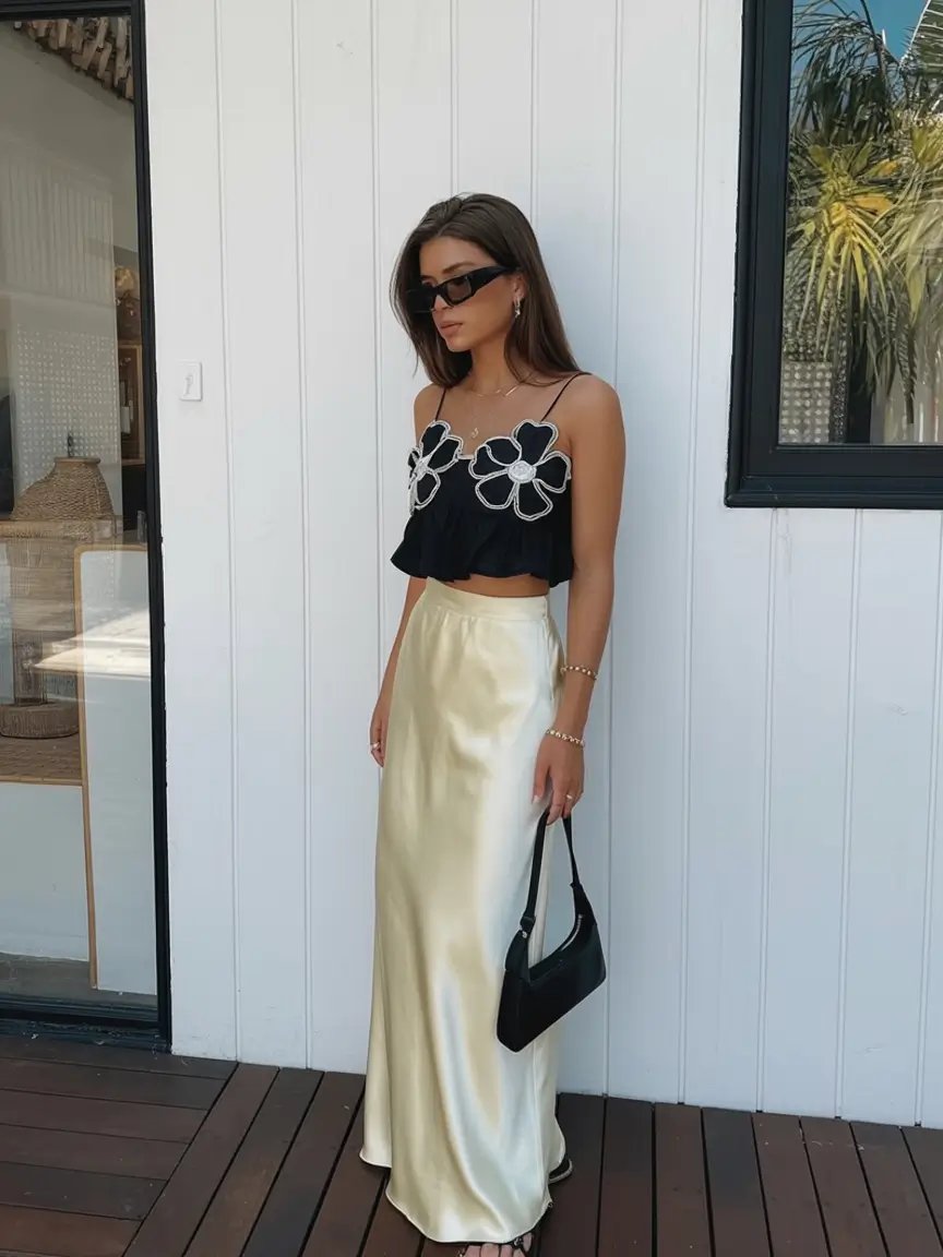 modern spring date night outfit 2026 Statement Florals and Satin Grace