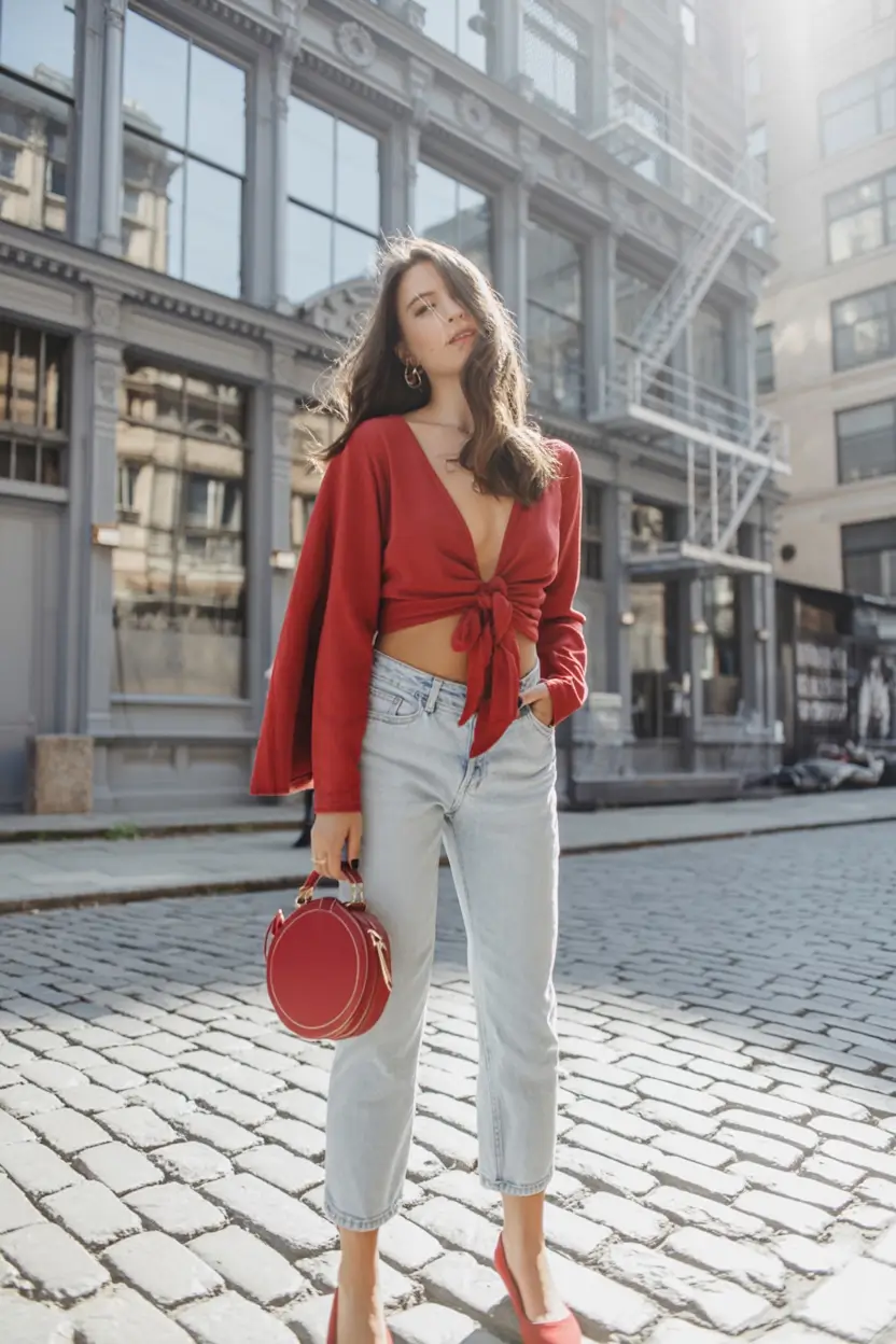 modern spring jeans outfit 2026 Red Hot Statement