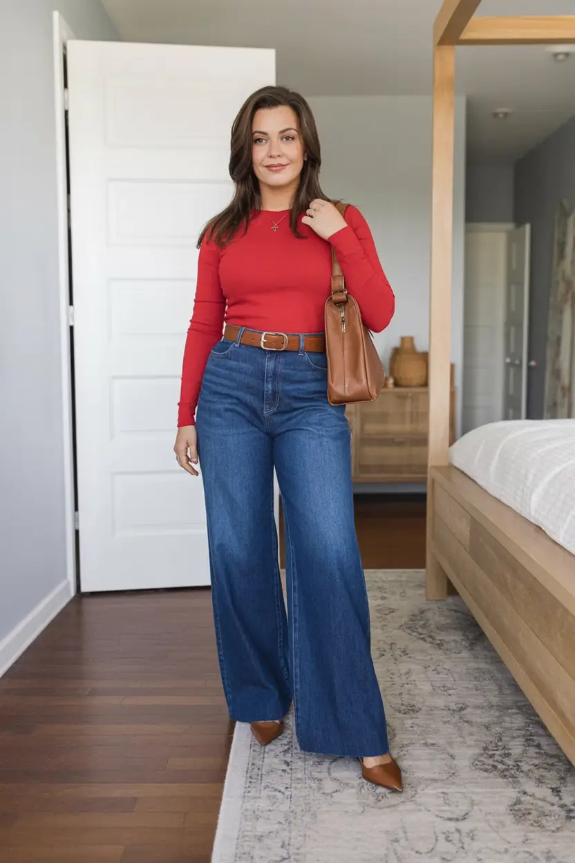 modern spring jeans outfit 2026 Red Elegance in Denim