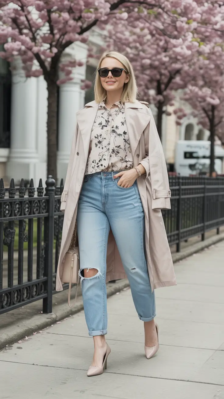 modern spring jeans outfit 2026 Parisian-Inspired Trench Mood