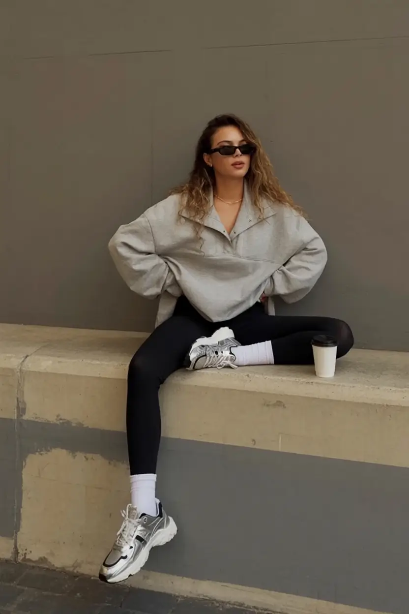 modern spring sport outfits for women 2026 Model-Off-Duty Vibes with Retro Sneakers