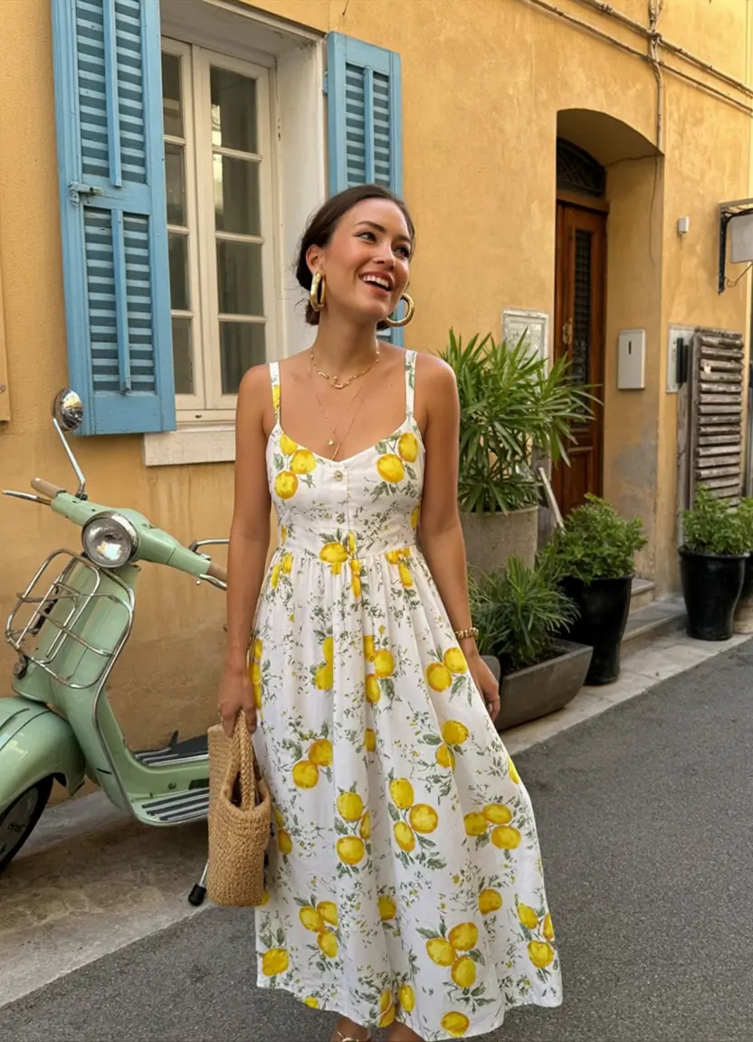 modern spring vacation outfits 2026+Lemon-Printed Joy
