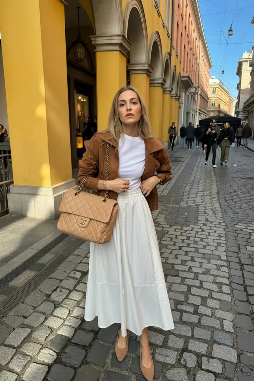 modern spring vacation outfits 2026+Chic Contrast: Suede & White