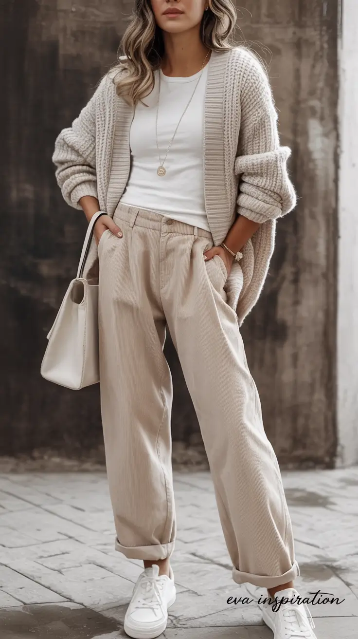 modern winter to spring outfits 2026 Corduroy Calm Soft Neutrals in Motion