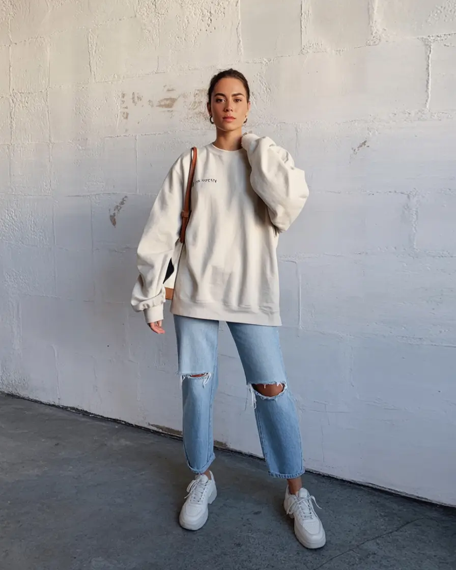 modern winter to spring outfits 2026 Street Classic Oversized Sweatshirt & Ripped Denim