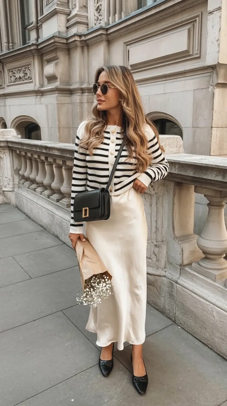 modern winter to spring outfits 2026 Parisian-Inspired Stripes & Satin With a Twist