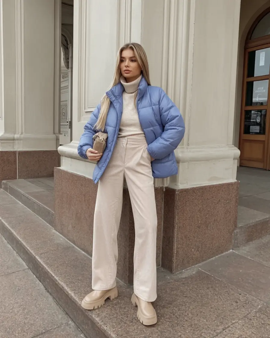 modern winter to spring outfits 2026 Powder Blue Energy Meets Soft Cream Base