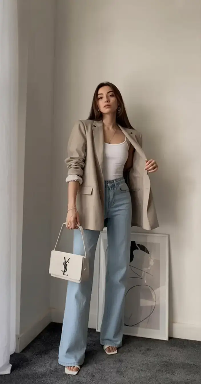 modest spring outfits elegant 2026 Blazer Chic With Denim Ease