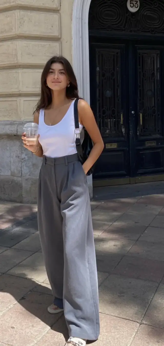 modest spring outfits elegant 2026 Gray Wool Trousers & Tank: The Morning Coffee Uniform