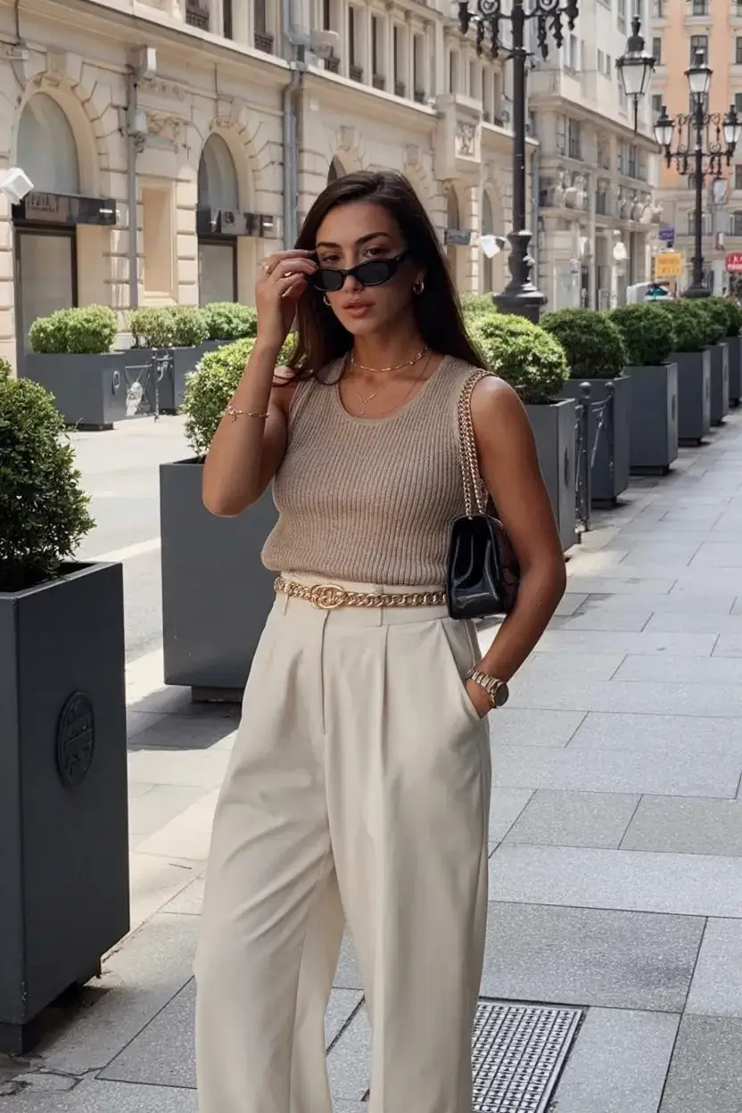 modest spring outfits elegant 2026 Greige Knits & Chain Belts: Luxe Without the Effort