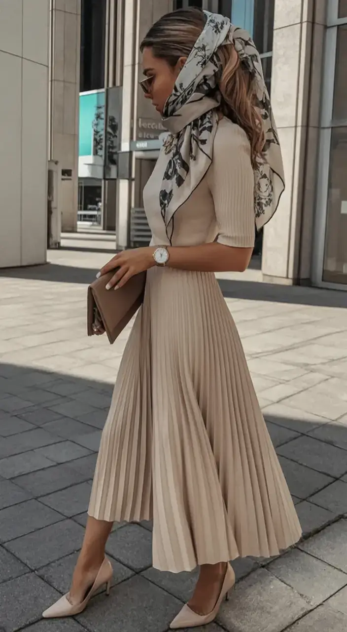 modest spring outfits elegant 2026 The Pleated Dress That Means Business