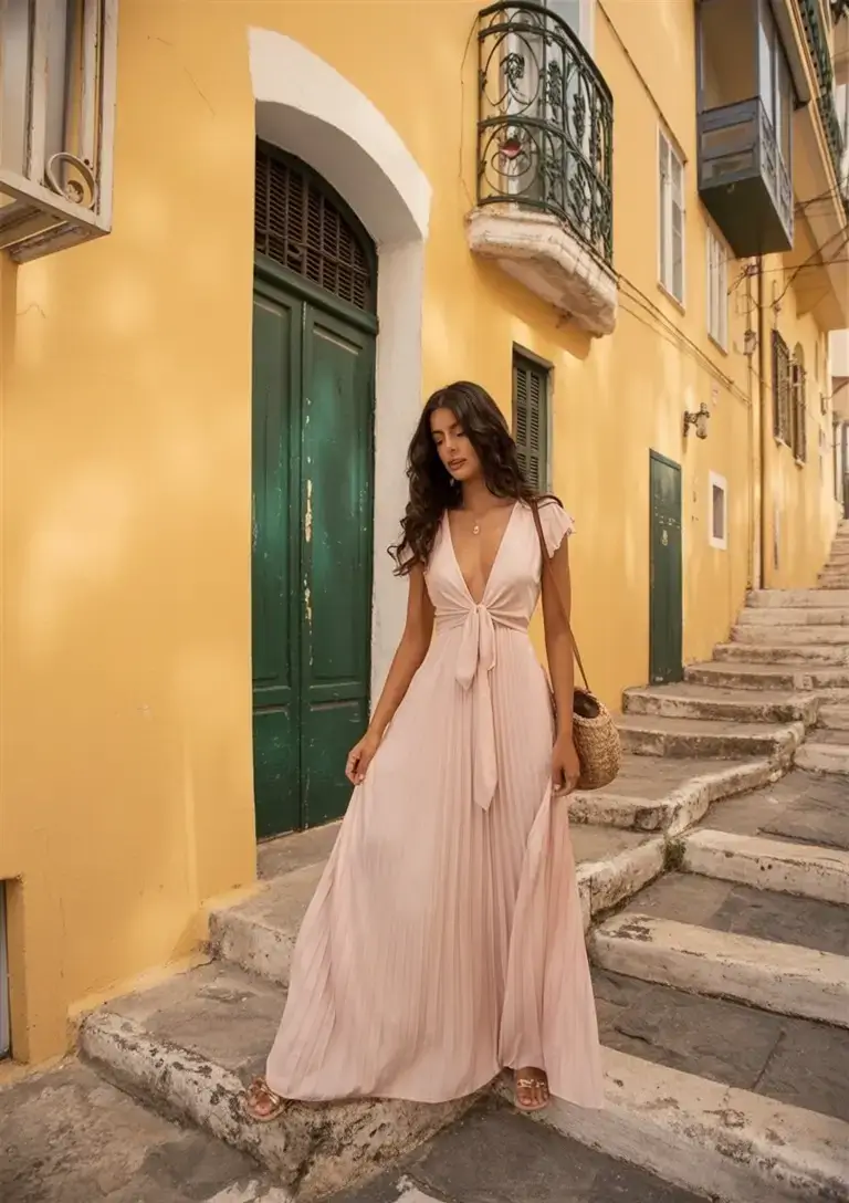 modest spring outfits elegant 2026 Sun-Kissed Movement in Blush Pleats