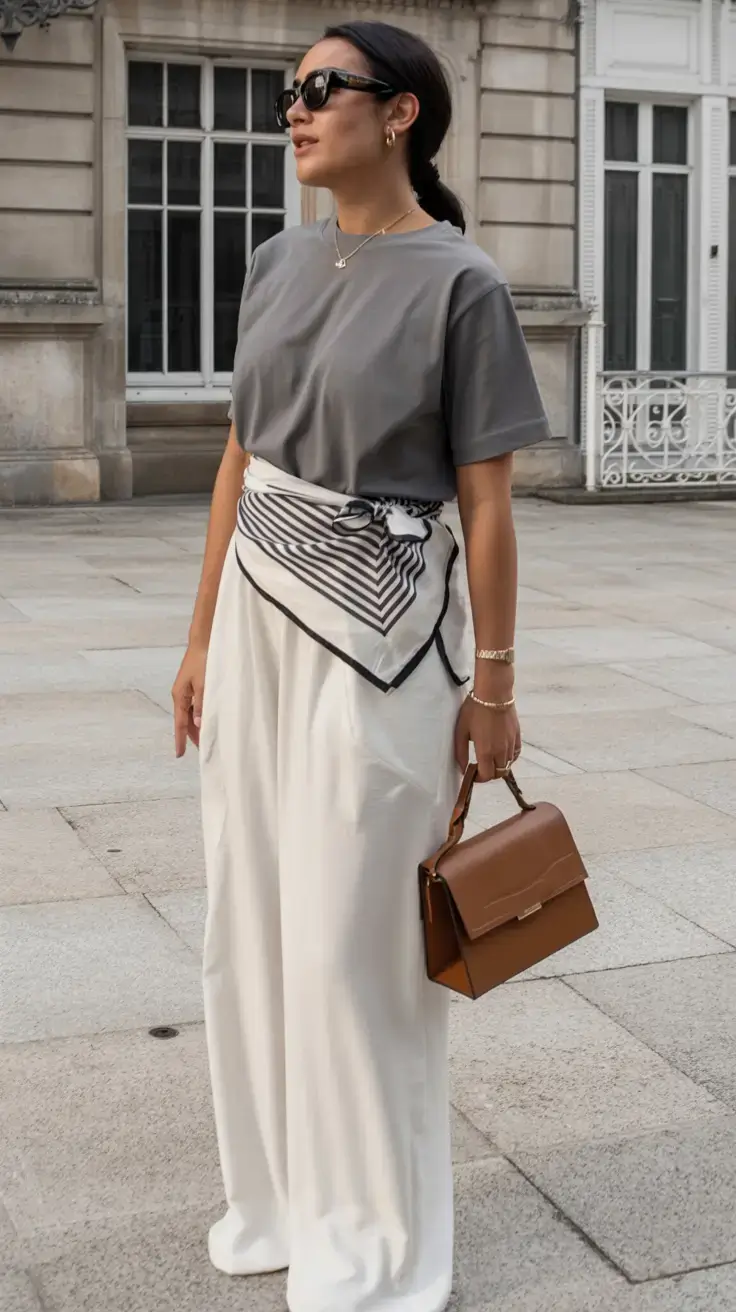 modest spring outfits elegant 2026 Scarf-Styled Waistlines & Power Calm Grays