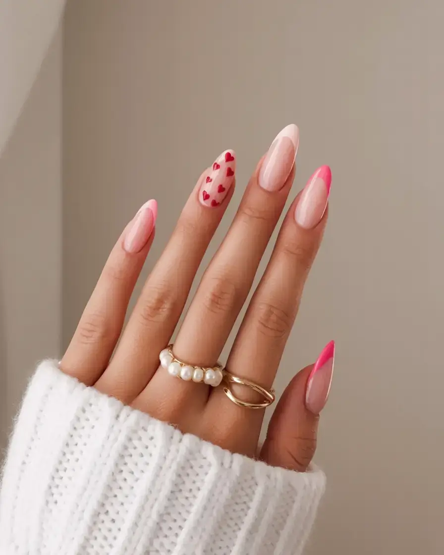 nails designs ideas february 2026 Pink French & Heart Accents