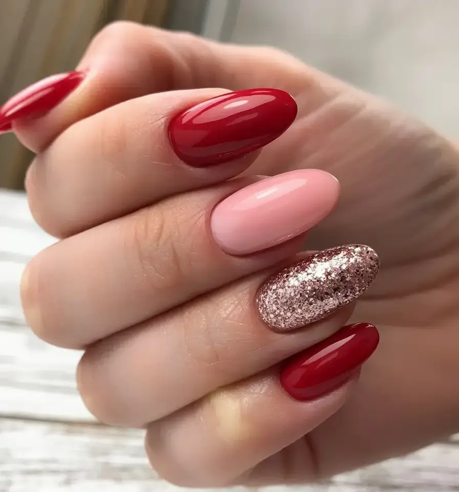 nails designs ideas february 2026 Crimson, Champagne & Soft Pink Harmony