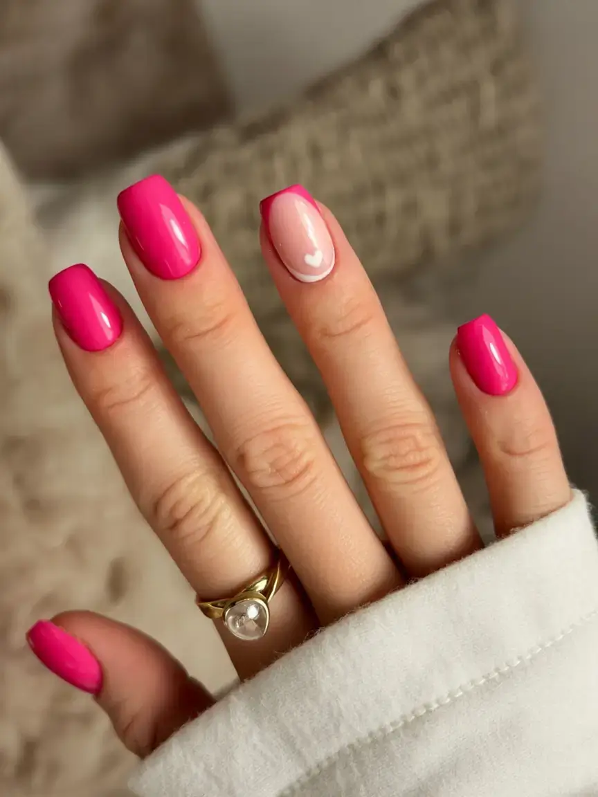 nails designs ideas february 2026 Hot Pink Meets Minimal Heart