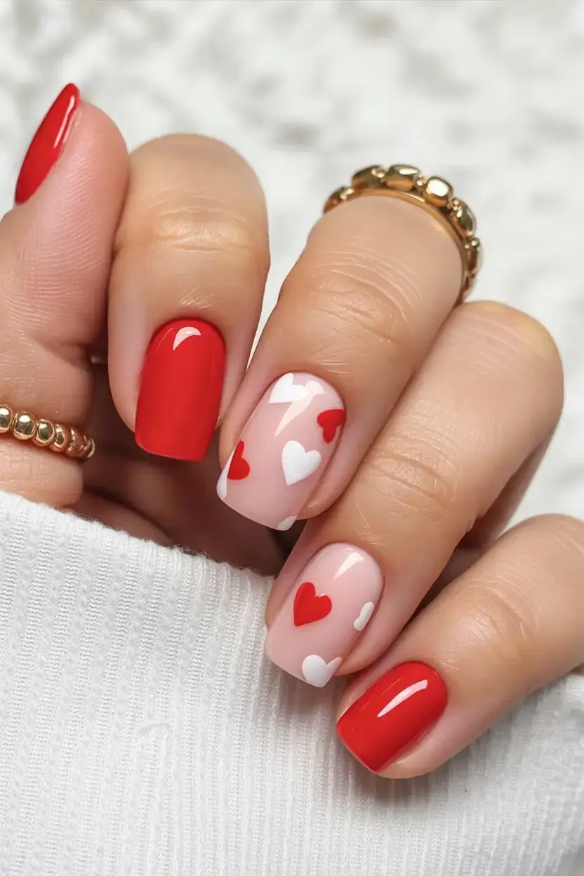 nails designs ideas february 2026 Valentine’s Mix with Red & White Hearts