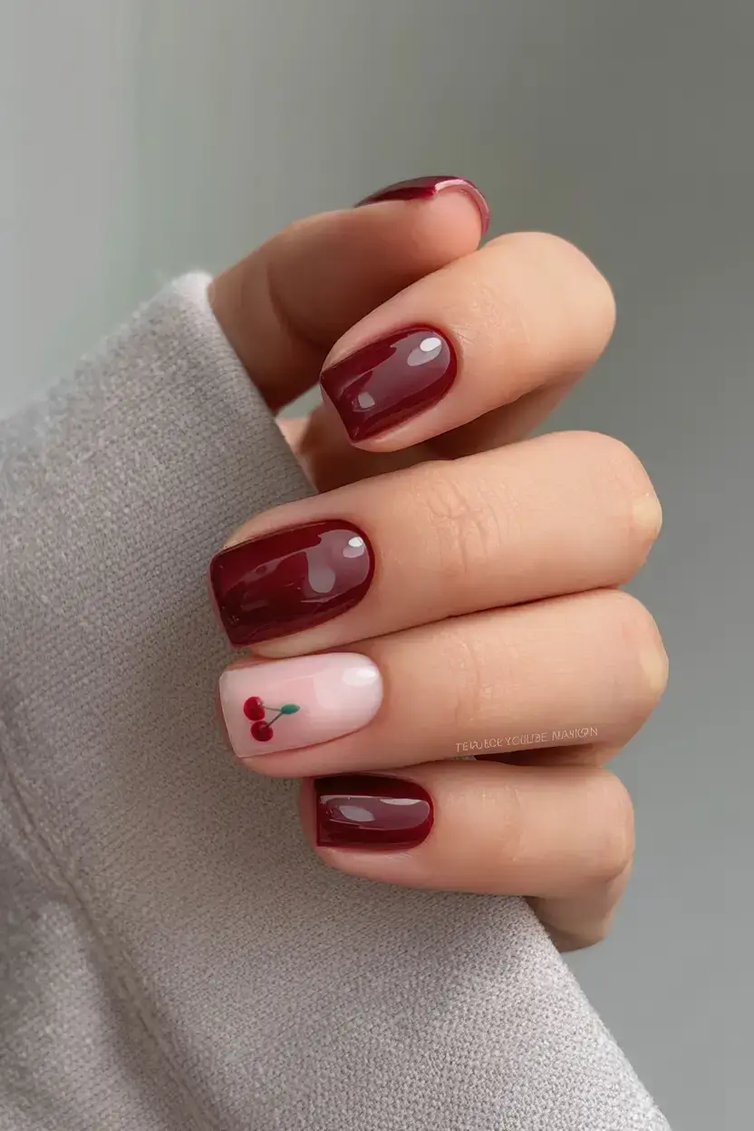 nails designs ideas february 2026 Cherry Accent on Deep Red