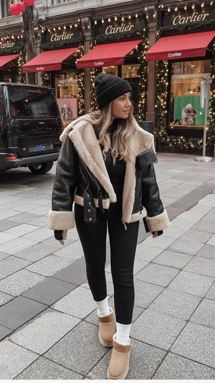 outfits ideas february 2026 Street-Ready in Shearling & Black